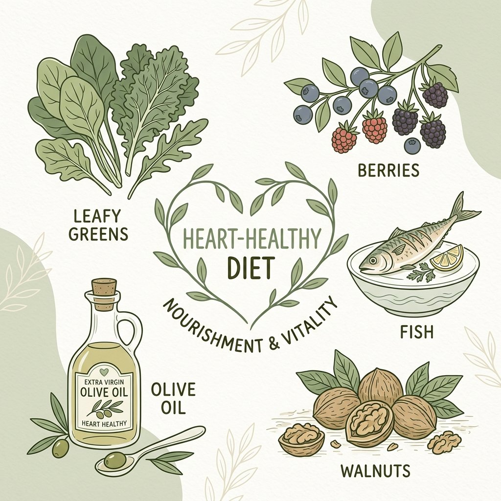 Illustrative heart-healthy Mediterranean meal with wholesome ingredients