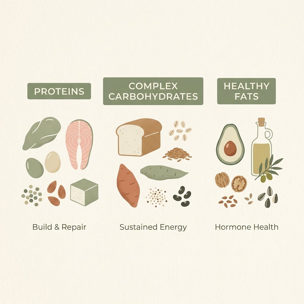 Illustrative macronutrient balance visual for carbohydrates, proteins, and healthy fats